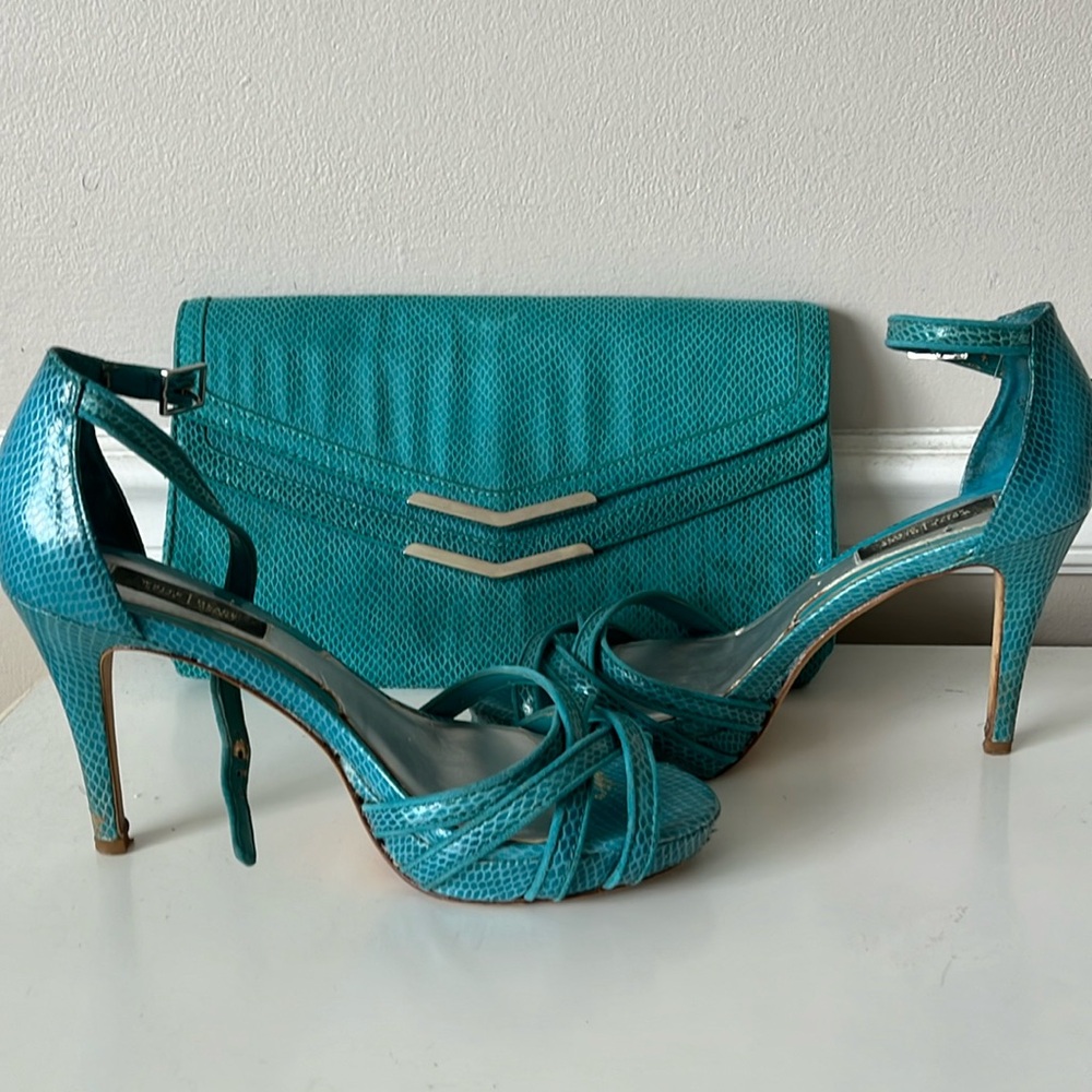 Teal Snakeskin clutch and heels set